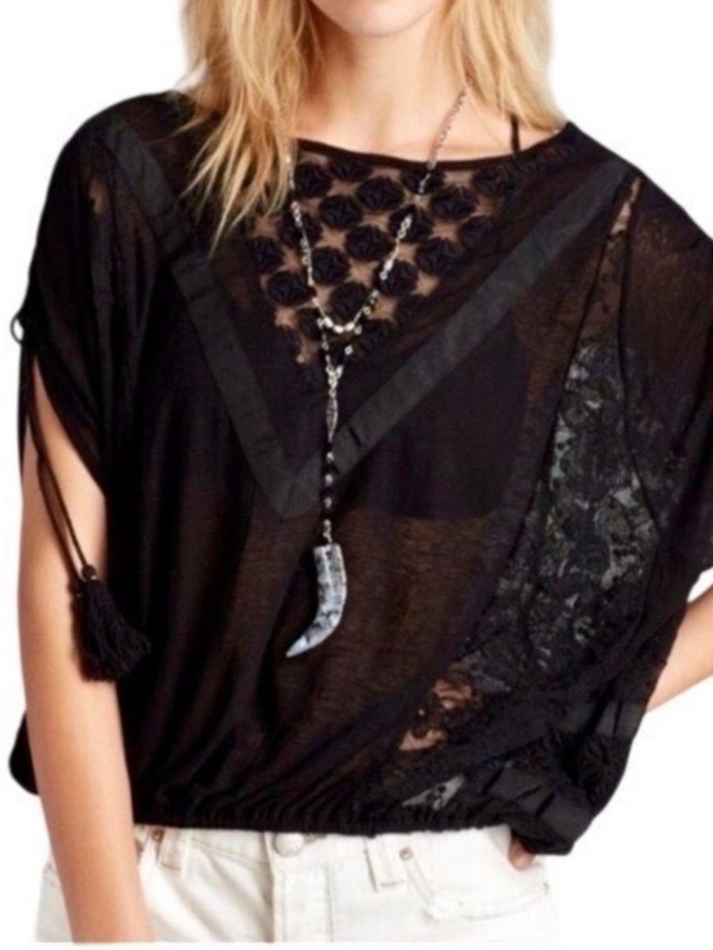 Free People New Romantics south of the Equator Semi Sheer Tassle Blouse